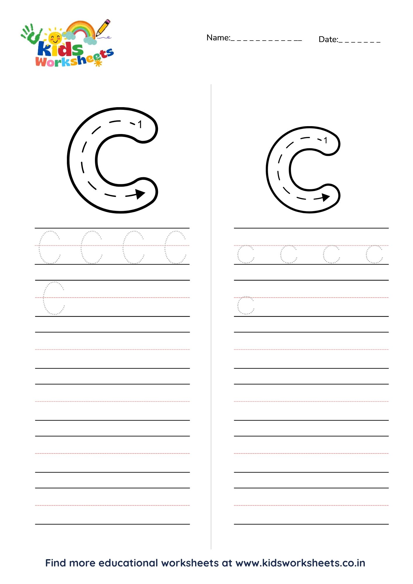 Letter C overtrekken werkblad voorbeeld