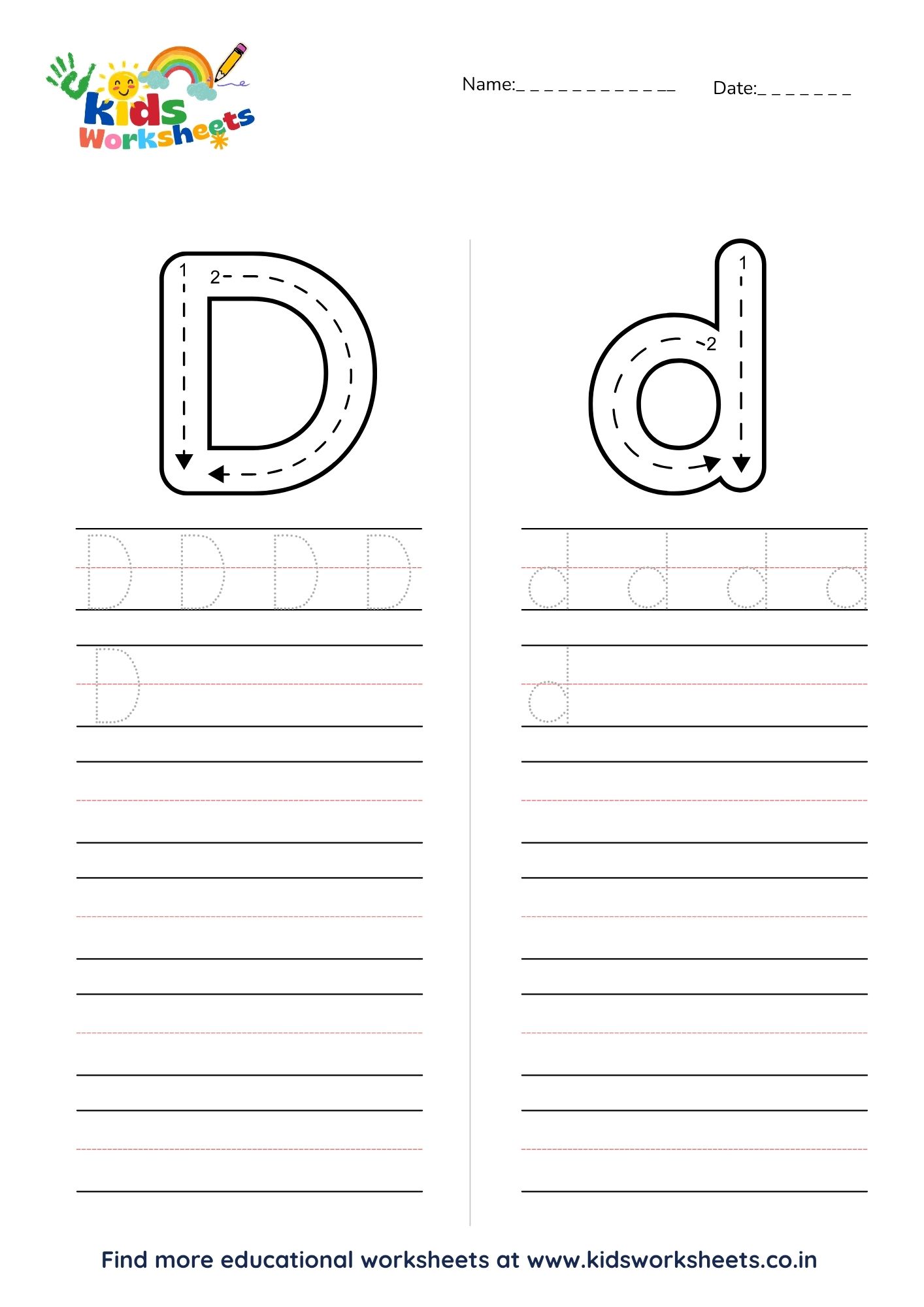 Letter D overtrekken werkblad voorbeeld