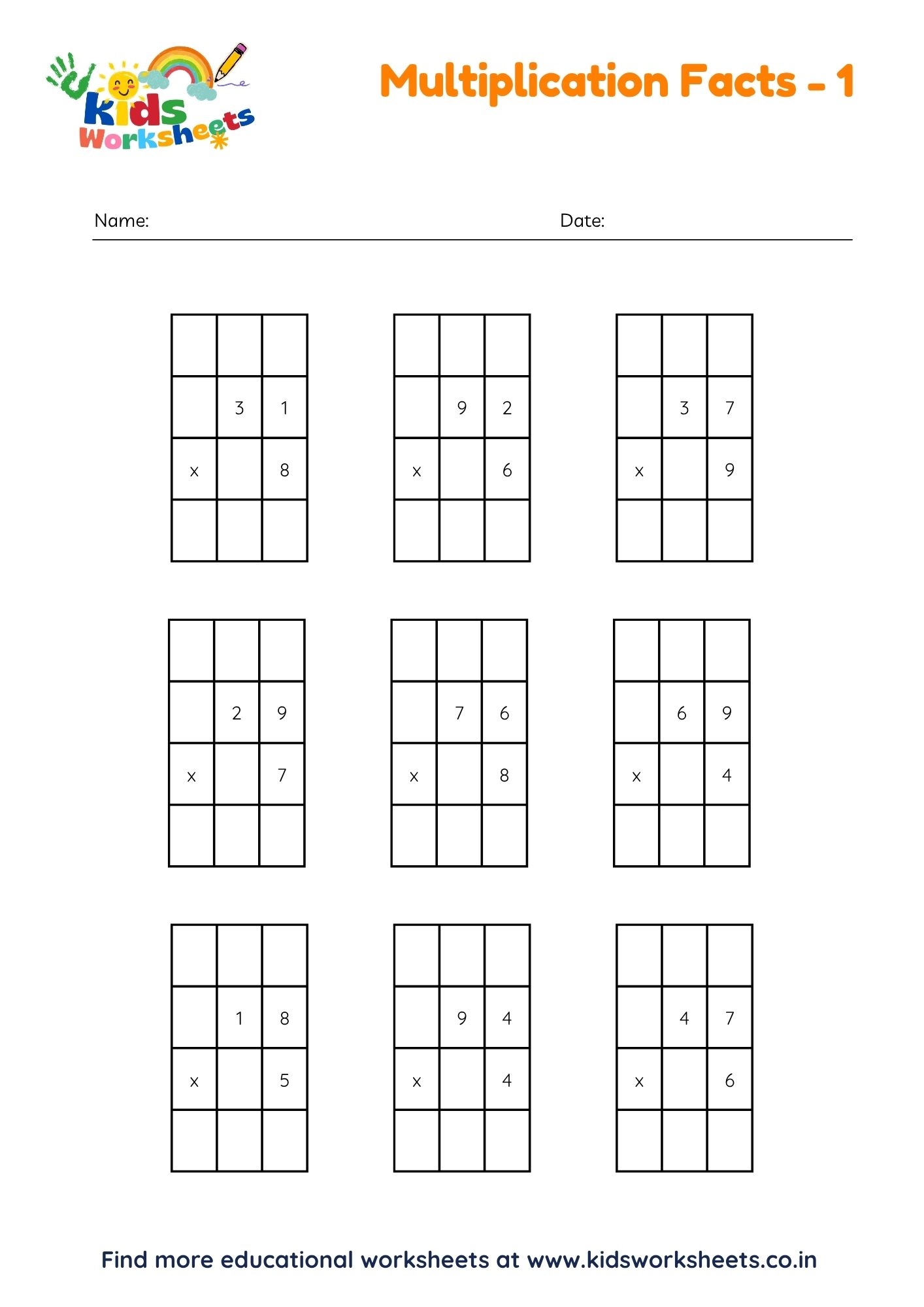Grade 3 Multiplication Facts Worksheets 1 preview