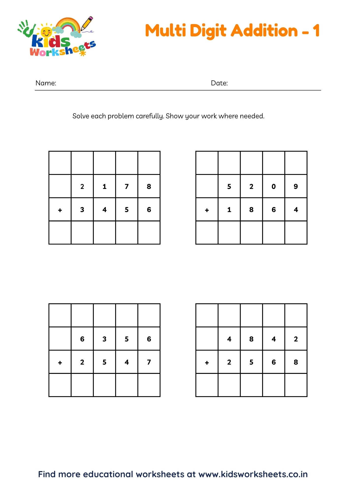 Grade 4 Multi Digit Addition Worksheets 1 preview