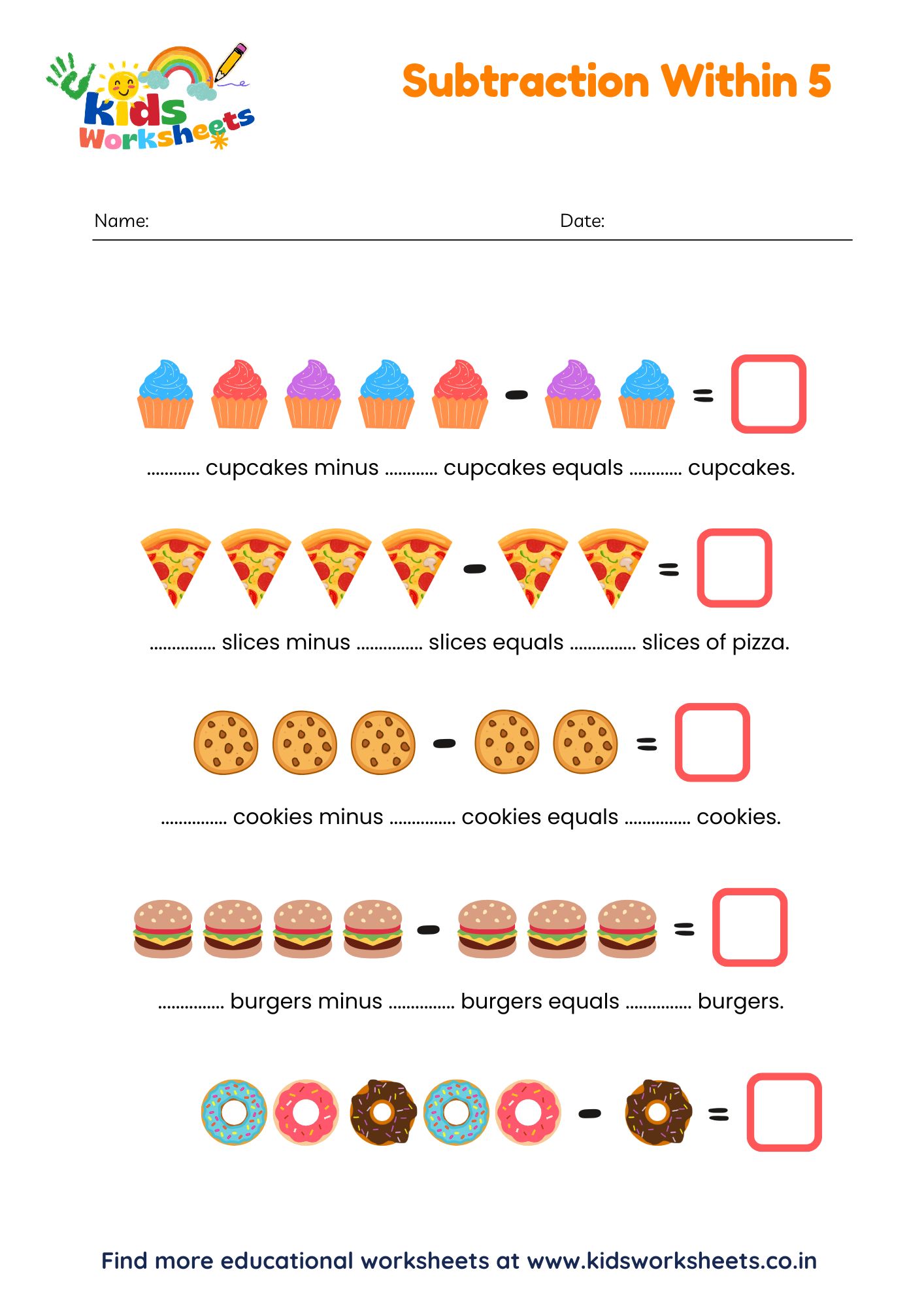 Kindergarten Subtraction Within 5 Worksheet preview