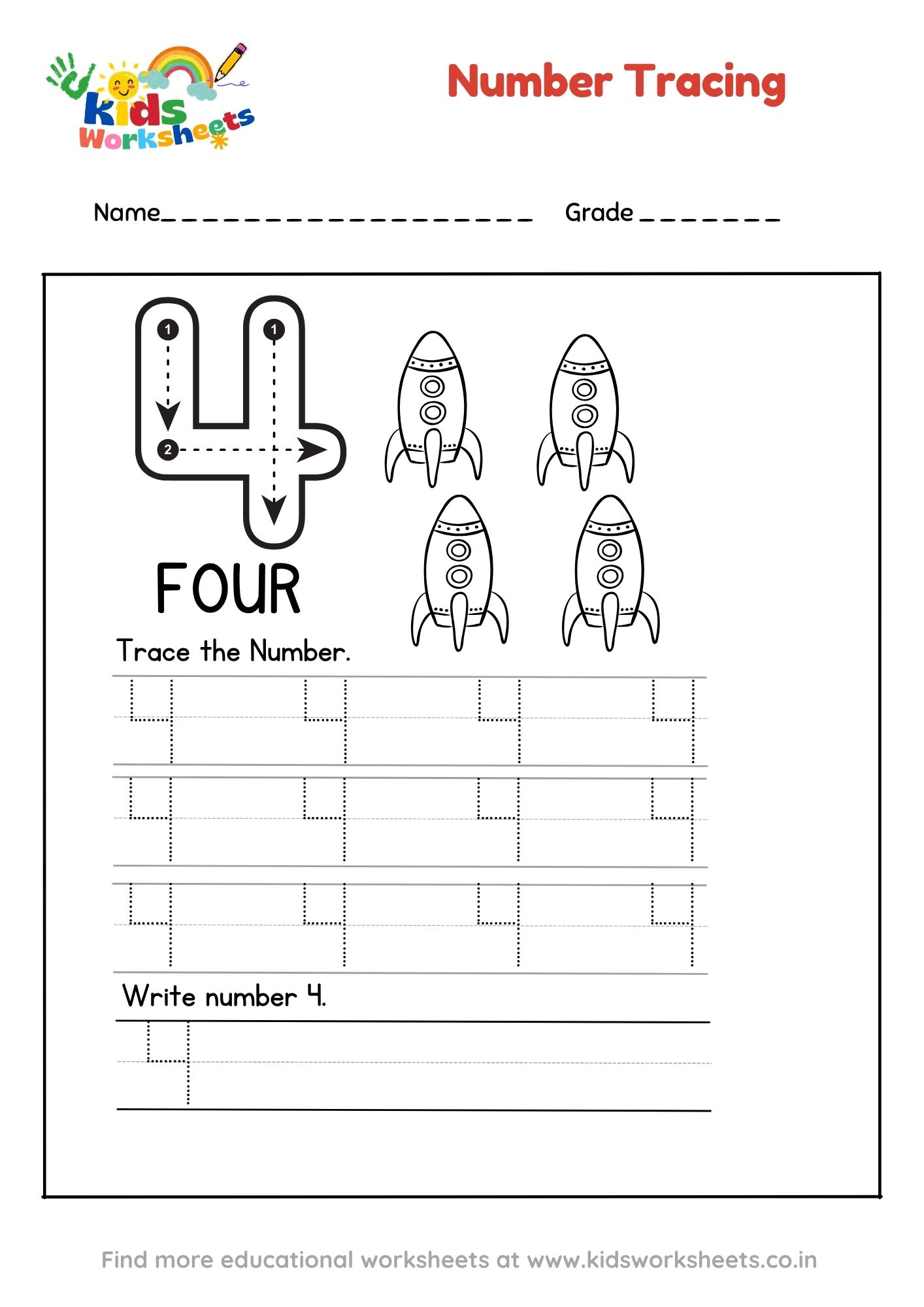 Number 4 Tracing Worksheet preview